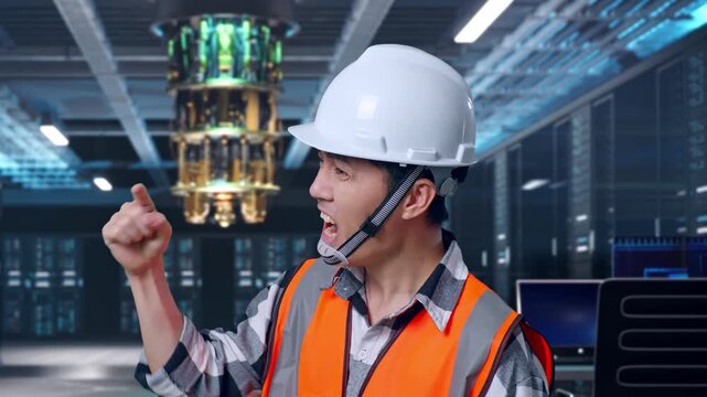 Close Up Side View Of Angry Asian Male Engineer With Safety Helmet Shouting At Someone While Standing at Futuristic Quantum Computer Data Center Control Room
