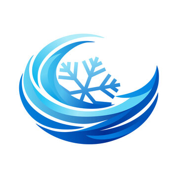 S&iacute;mbolo fr&iacute;o. Logo climatizaci&oacute;n. Icono con un copo de nieve con un dibujo minimalista abstracto de ondas en movimiento de color azul girando en c&iacute;rculo 