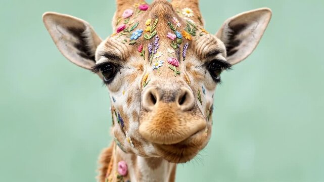 Slow zoom tracking shot of giraffe head with embroidered floral decorations approaching camera against plain green studio backdrop in calm daytime portrait