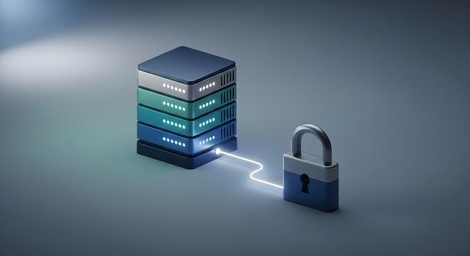 A 3D illustration of a server stack connected to a digital padlock representing data security.