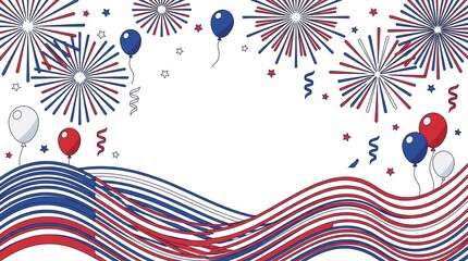 Fototapeta premium Illustration of red, white, and blue fireworks, balloons, and wavy stripes on a white background, perfect for 4th of July celebrations.