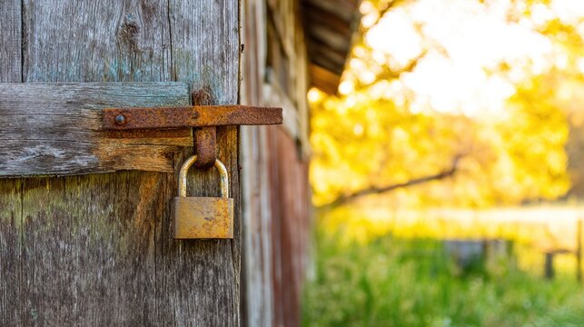 hasp. A weathered rusty hasp and padlock on a rustic barn door. real-estate listings, architecture portfolios, designed for interior renovation comparisons for interiors.