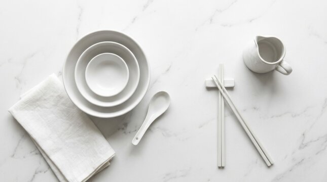 Empty white porcelain bowl stack resting on a clean white marble tabletop vanity counter