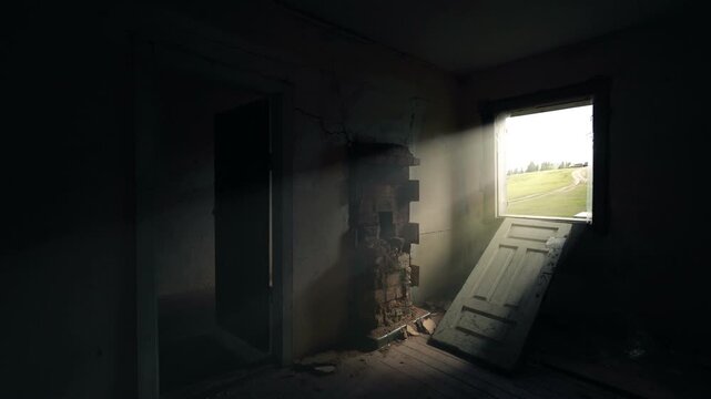 Sunbeams stream through a window into a dark abandoned room with a leaning door, cracked walls and exposed brick, revealing a quiet rural field outside