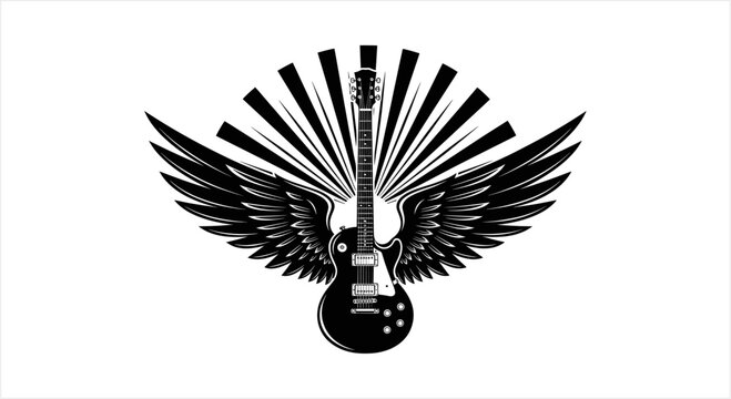 Electric guitar with wings and sunburst graphic.