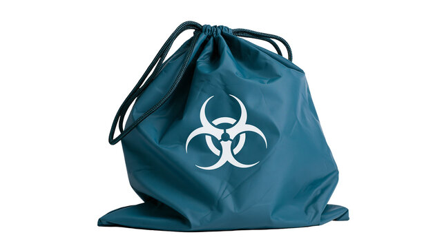 Teal drawstring bag with white biohazard symbol