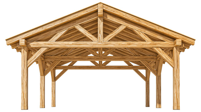 Wooden pavilion structure with exposed beams and rafters