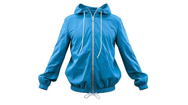 Blue hooded windbreaker jacket with zipper and drawstring