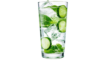 Tall glass of water with ice cucumber slices, and mint leaves © Lubos