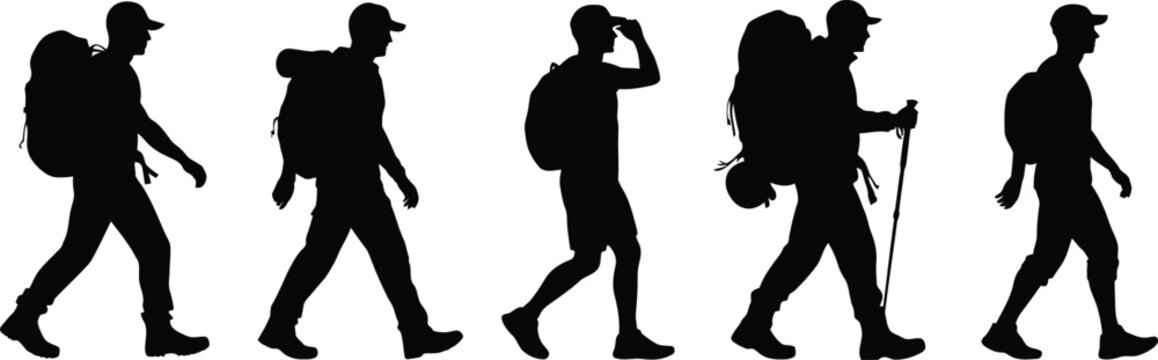 Hiking backpackers silhouette collection vector illustration featuring outdoor trekking adventure travelers isolated on white background for camping and exploration