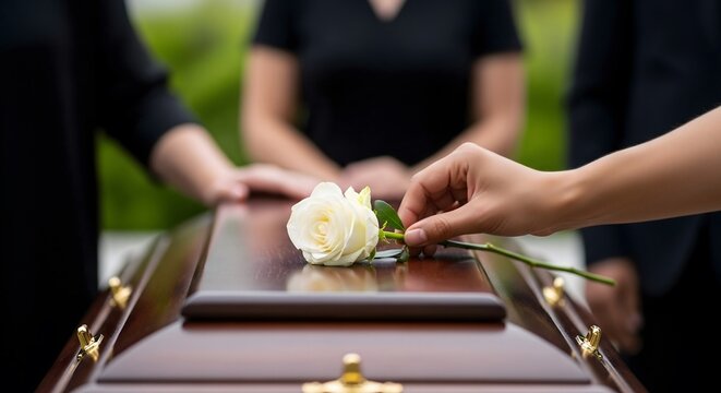 Mourners Place White Rose on Casket During Solemn Funeral Ceremony