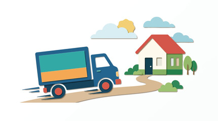 Obraz premium Moving truck driving on road towards house under sunny sky.