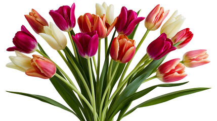 Fototapeta premium Bouquet of colorful tulips with green leaves