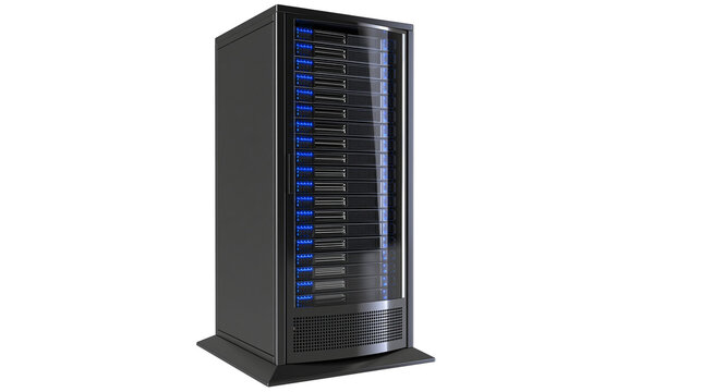 Tall black server rack with multiple blue LED lights