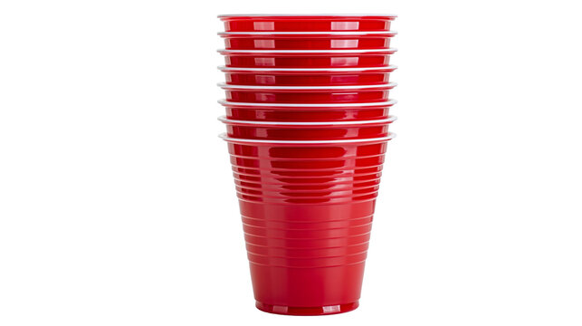 Stack of red plastic party cups with white rims