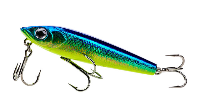 Iridescent blue and yellow fishing lure with treble hooks