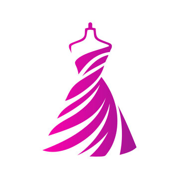 Logotipo de boutique de moda femenina. Dibujo minimalista de un maniqu&iacute; de costura estilizada con un vestido de gala o de boda con falda formado por ondas curvas en rosa y morado