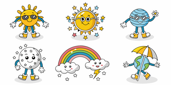 Collection Of Kawaii Weather And Space Character Vector Illustrations