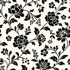 Fototapeta premium Trailing chintz floral design, monochrome black silhouette on cream background. Intertwining vines, blossoms, leaves in hand-drawn seamless vector pattern, stylized Jacobean flowers