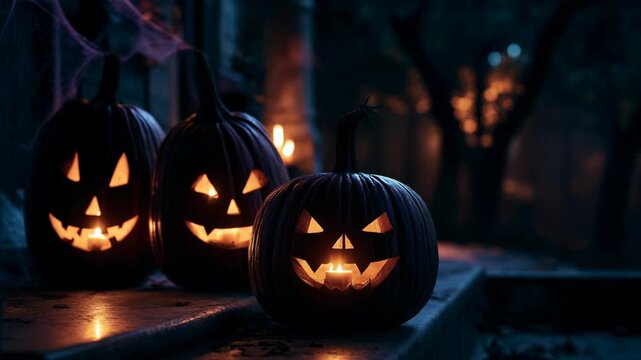 Lit jack o lantern pumpkins sitting on a porch at night. Spooky carved pumpkin decoration for Halloween holiday celebration. Dark garden background with fog scene.