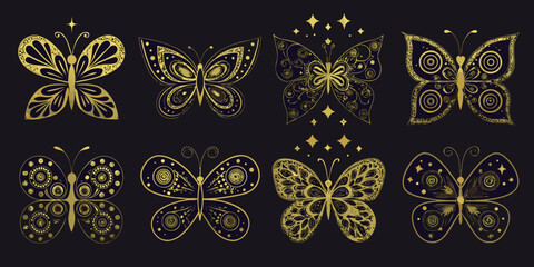 Golden butterflies vector illustration set on a dark background © Sabita
