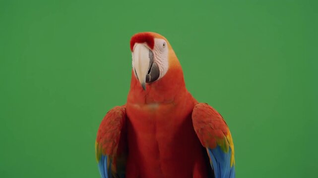 Scarlet macaw parrot flapping its colorful wings in a vibrant motion video clip against a solid green screen background display