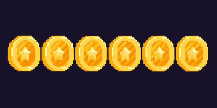 Gold coins with star centers pixel art vector illustration