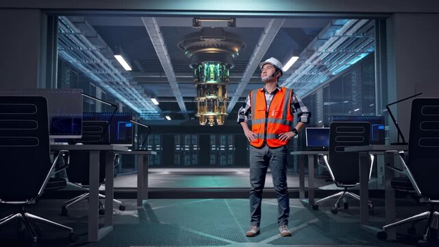 Full Body Of Asian Male Engineer Wearing Safety Helmet Looking Around While Standing With Arms Akimbo at Futuristic Quantum Computer Data Center Control Room