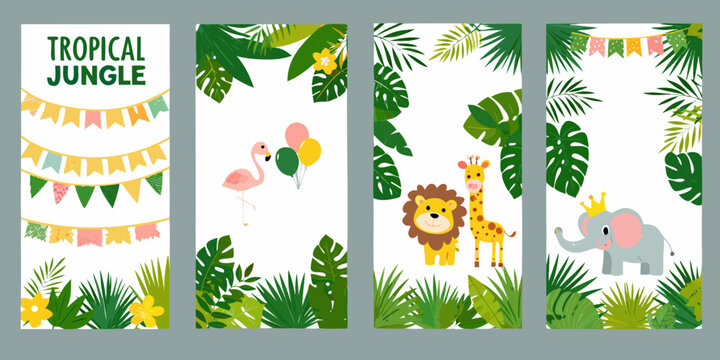 Tropical jungle floral ornament vector illustration with animals and foliage