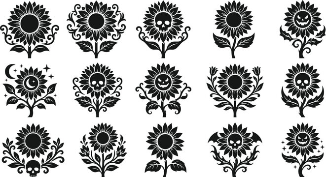 Halloween vector bundle spooky sunflower designs with skulls moons and jack o' lantern faces for autumn graphics