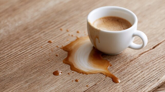 White Coffee Cup Spilled on Wooden Table Surface, Creating a Messy Stain