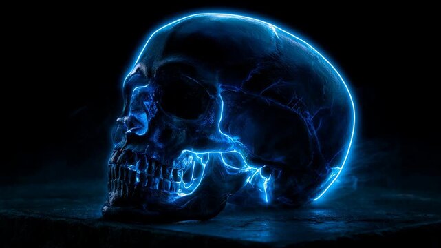 Human skull glowing with blue electrical energy. Dark mystical object with lightning discharge for Halloween. Sci-fi magical concept on black stone background.