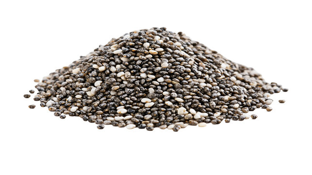 Pile of small oval chia seeds with black and white speckles
