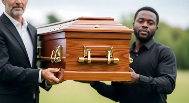 Diverse Pallbearers Carry Elegant Wooden Coffin at Outdoor Funeral Service Ceremony