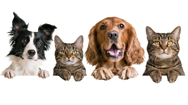 Border Collie dog and tabby cats with golden retriever dog peeking over edge