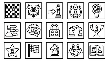 Clean Black and White Chess Themed Icons Set Featuring Strategy Tactics and Game Elements with high quality professional line art symbols for modern creative design and digital branding projects © Indro