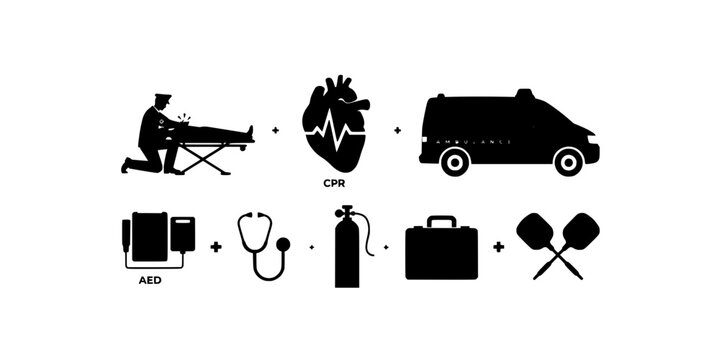 Ambulance Rescue Icons Set with Cpr Heart Symbol, Aed Device, Defibrillator, First Aid Bag, and Medical Tools