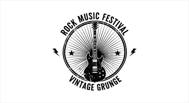 Vintage Grunge Rock Music Festival Electric Guitar Emblem.