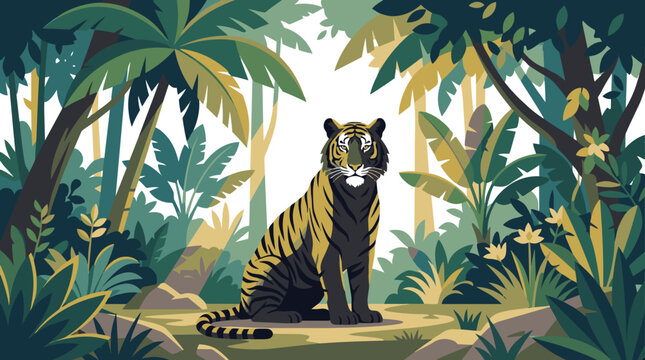 Majestic tiger sitting peacefully in lush jungle environment with dense foliage and tall trees.