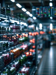 Obraz premium Blurred supermarket aisle with digital overlay, showcasing products and futuristic data