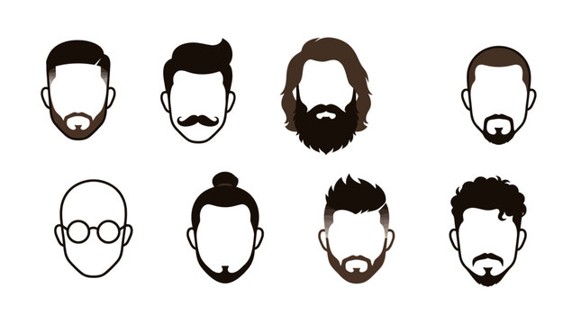 Male hairstyle and beard illustration featuring eight head silhouettes with various haircuts, facial hair styles, and eyewear designs in black