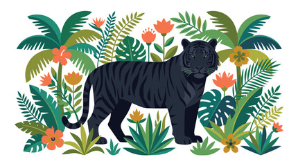Fototapeta premium Colorful Tropical Jungle Scene Featuring a Black Panther Among Lush Vegetation.