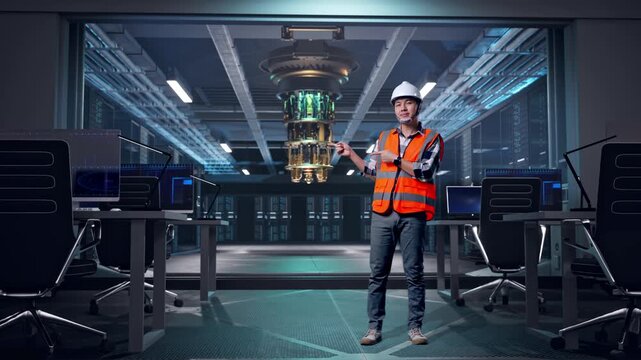 Full Body Of Asian Male Engineer With Safety Helmet Smiling And Pointing To Side While Standing at Futuristic Quantum Computer Data Center Control Room