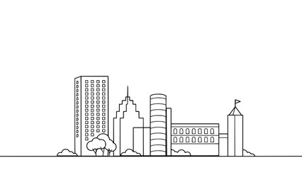 Obraz premium City Skyline with Buildings and Trees in a Minimalist Black-and-White Line Drawing Featuring Urban Architecture