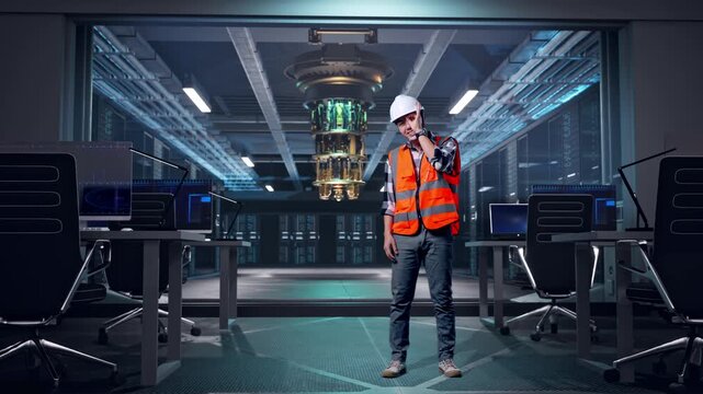 Full Body Of Asian Male Engineer With Safety Helmet Showing Ok Hand Sign Over Eye And Smiling To Camera While Standing at Futuristic Quantum Computer Data Center Control Room