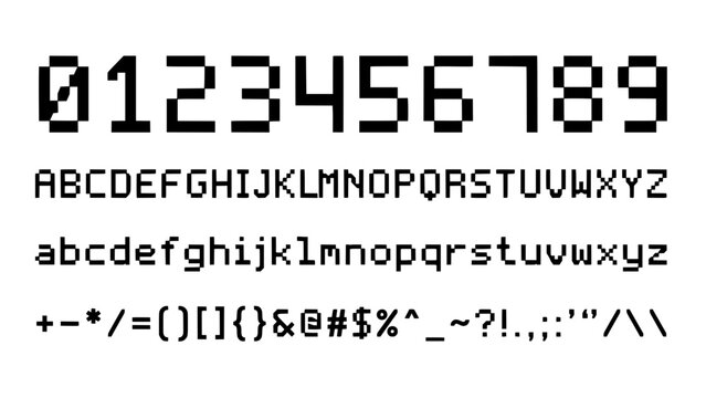 Digital Display of Alphanumeric Characters and Symbols in Pixelated Font Featuring Retro Technology Typeface