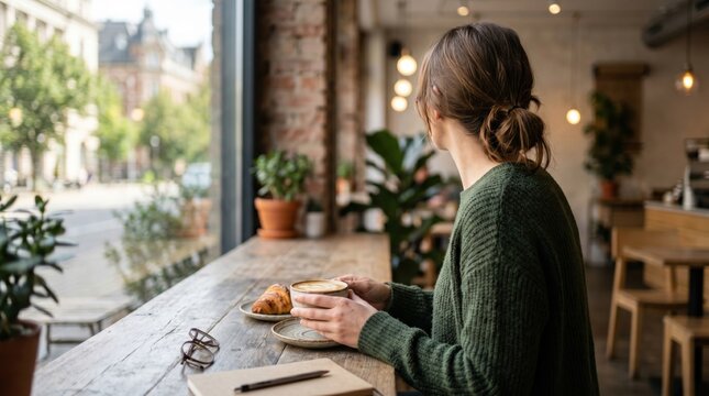 Woman enjoying morning coffee and croissant at cafe window counter, relaxing lifestyle concept with natural light, cozy atmosphere, urban view background, breakfast time