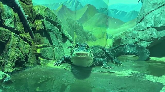 American alligator (Alligator mississippiensis) resting beside shallow pool inside reptile exhibit.Wide view of crocodilian in naturalistic indoor habitat with rock formations and water reflection.