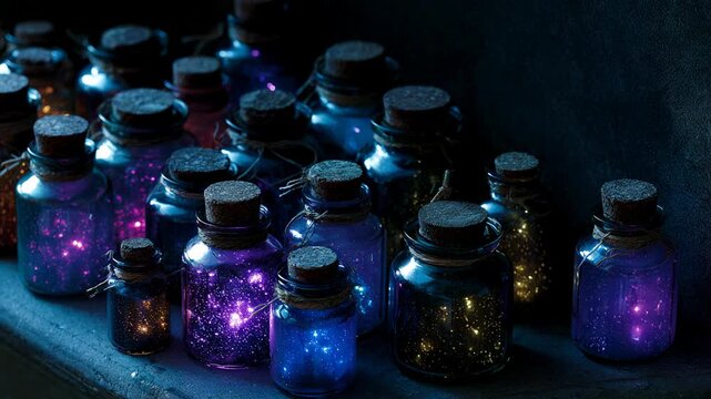 Glass jars with galaxy lights glowing on dark shelf. Magic potion bottles with starry nebula for Halloween decor. Fantasy illumination and mysterious display.