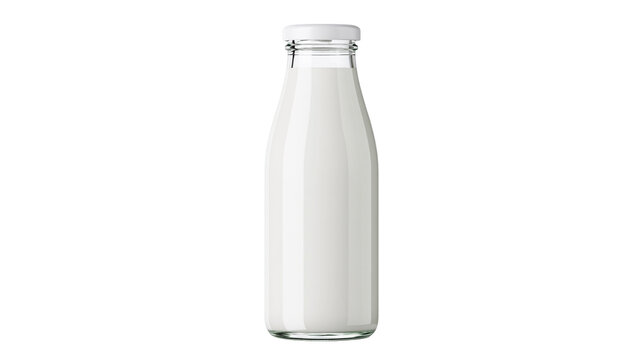 Glass bottle filled with white milk and white cap
